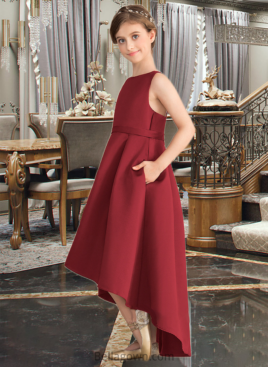 Brielle A-Line Scoop Neck Asymmetrical Satin Junior Bridesmaid Dress With Ruffle Pockets DNP0013385