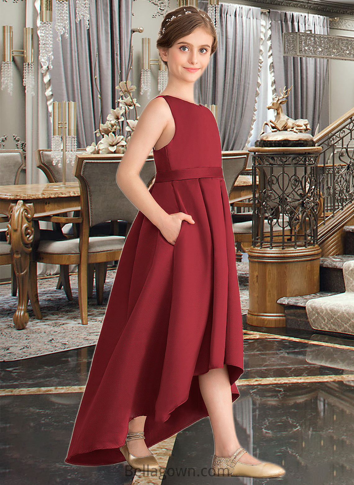 Brielle A-Line Scoop Neck Asymmetrical Satin Junior Bridesmaid Dress With Ruffle Pockets DNP0013385