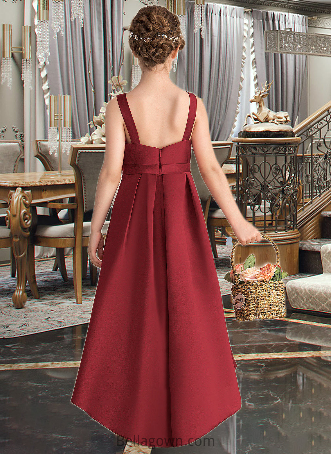 Brielle A-Line Scoop Neck Asymmetrical Satin Junior Bridesmaid Dress With Ruffle Pockets DNP0013385