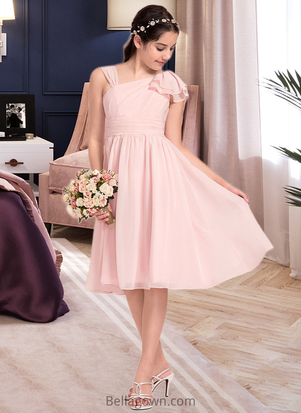 Kaitlin A-Line V-neck Knee-Length Chiffon Junior Bridesmaid Dress With Cascading Ruffles DNP0013386