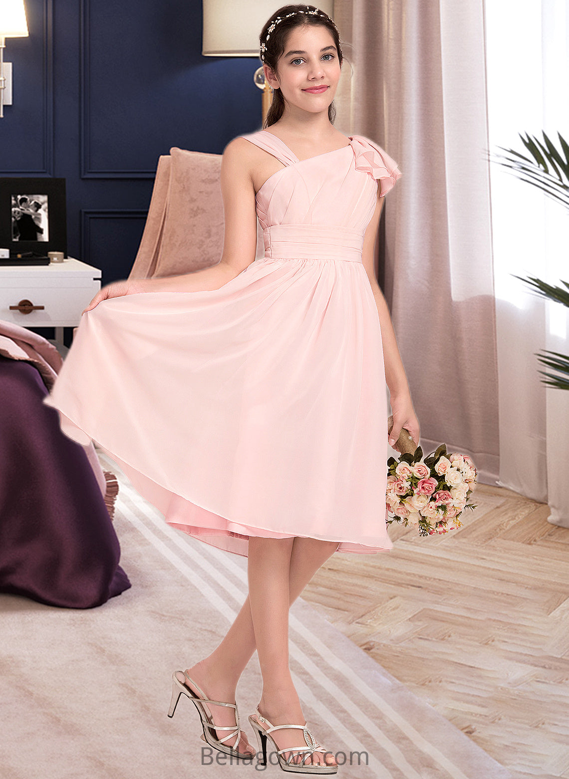 Kaitlin A-Line V-neck Knee-Length Chiffon Junior Bridesmaid Dress With Cascading Ruffles DNP0013386