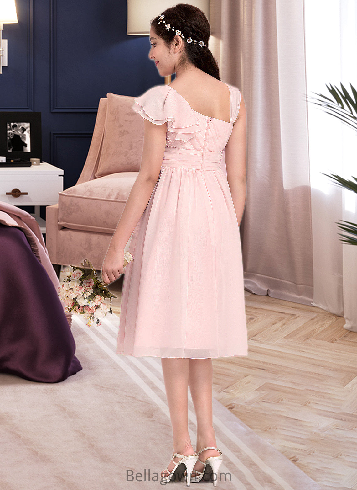 Kaitlin A-Line V-neck Knee-Length Chiffon Junior Bridesmaid Dress With Cascading Ruffles DNP0013386