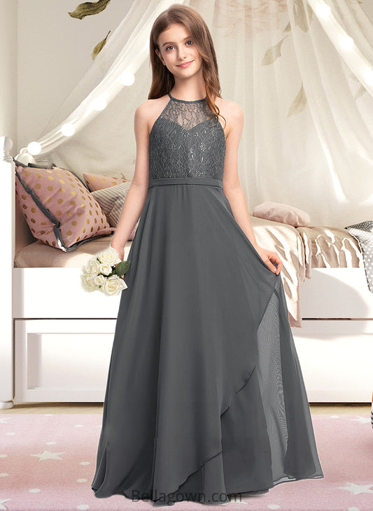 Naomi A-Line Scoop Neck Floor-Length Chiffon Lace Junior Bridesmaid Dress With Cascading Ruffles DNP0013389