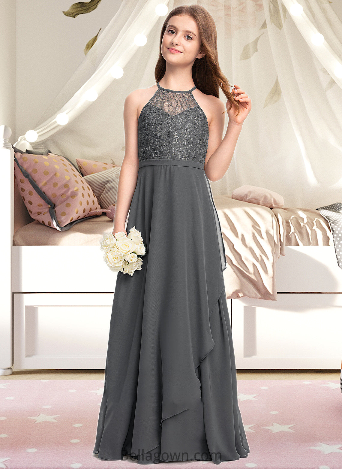 Naomi A-Line Scoop Neck Floor-Length Chiffon Lace Junior Bridesmaid Dress With Cascading Ruffles DNP0013389