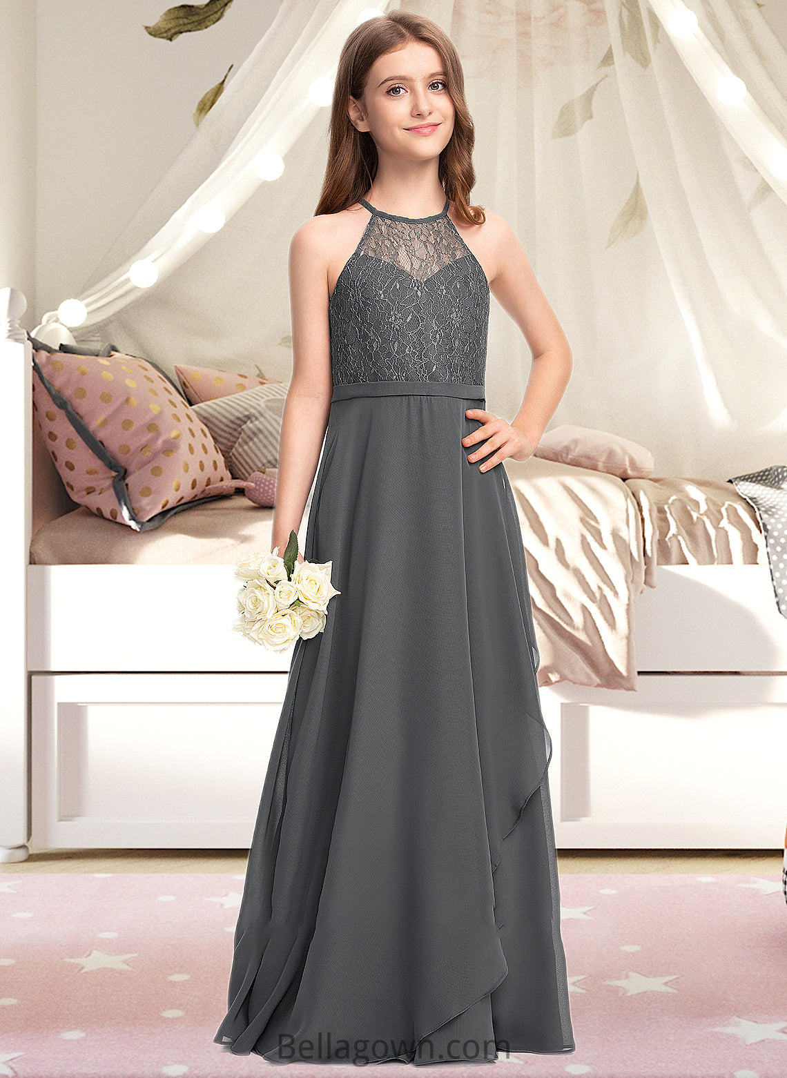 Naomi A-Line Scoop Neck Floor-Length Chiffon Lace Junior Bridesmaid Dress With Cascading Ruffles DNP0013389