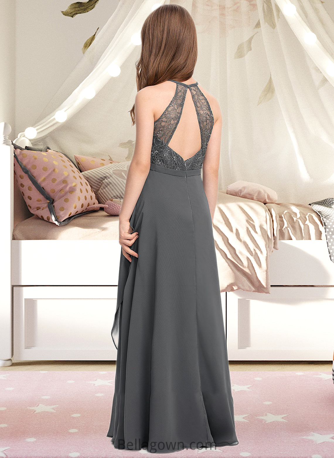 Naomi A-Line Scoop Neck Floor-Length Chiffon Lace Junior Bridesmaid Dress With Cascading Ruffles DNP0013389