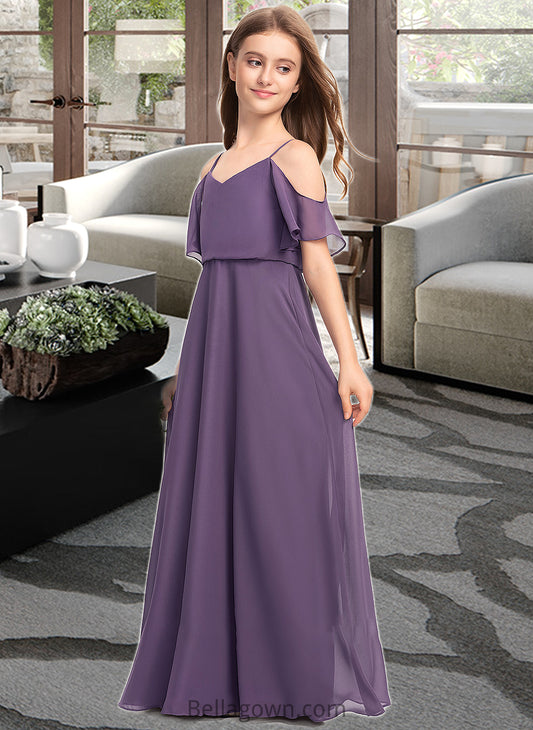 Raquel A-Line V-neck Floor-Length Chiffon Junior Bridesmaid Dress DNP0013390