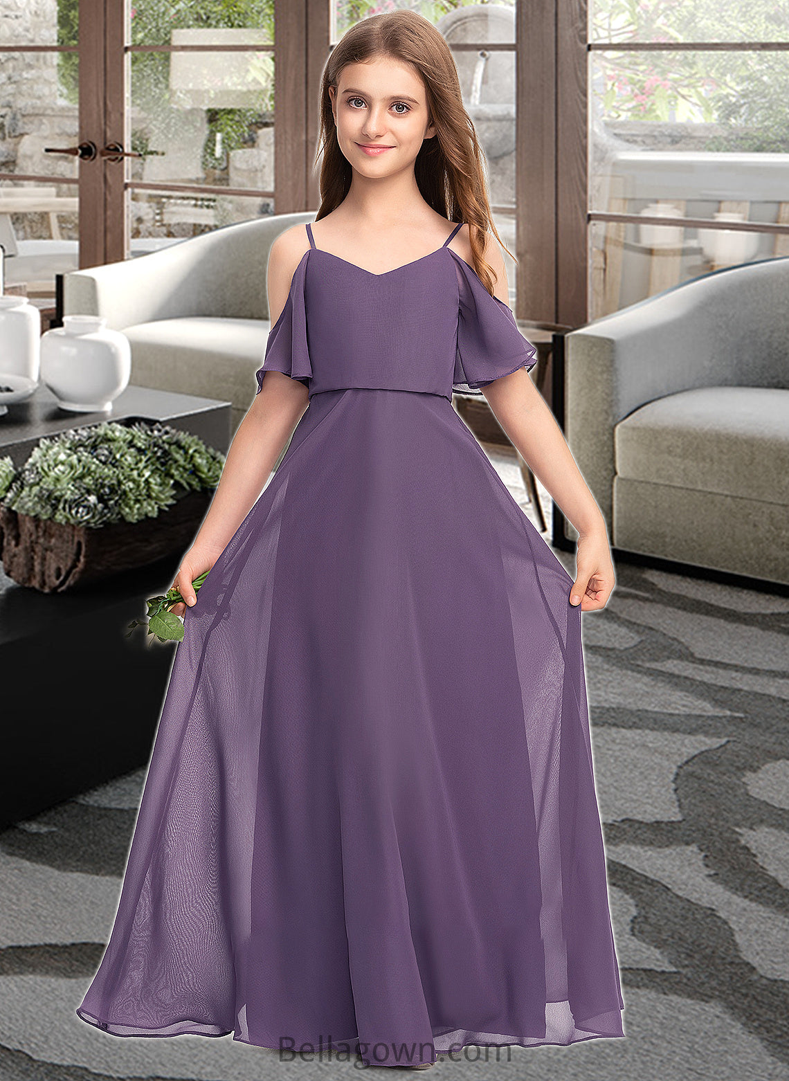 Raquel A-Line V-neck Floor-Length Chiffon Junior Bridesmaid Dress DNP0013390