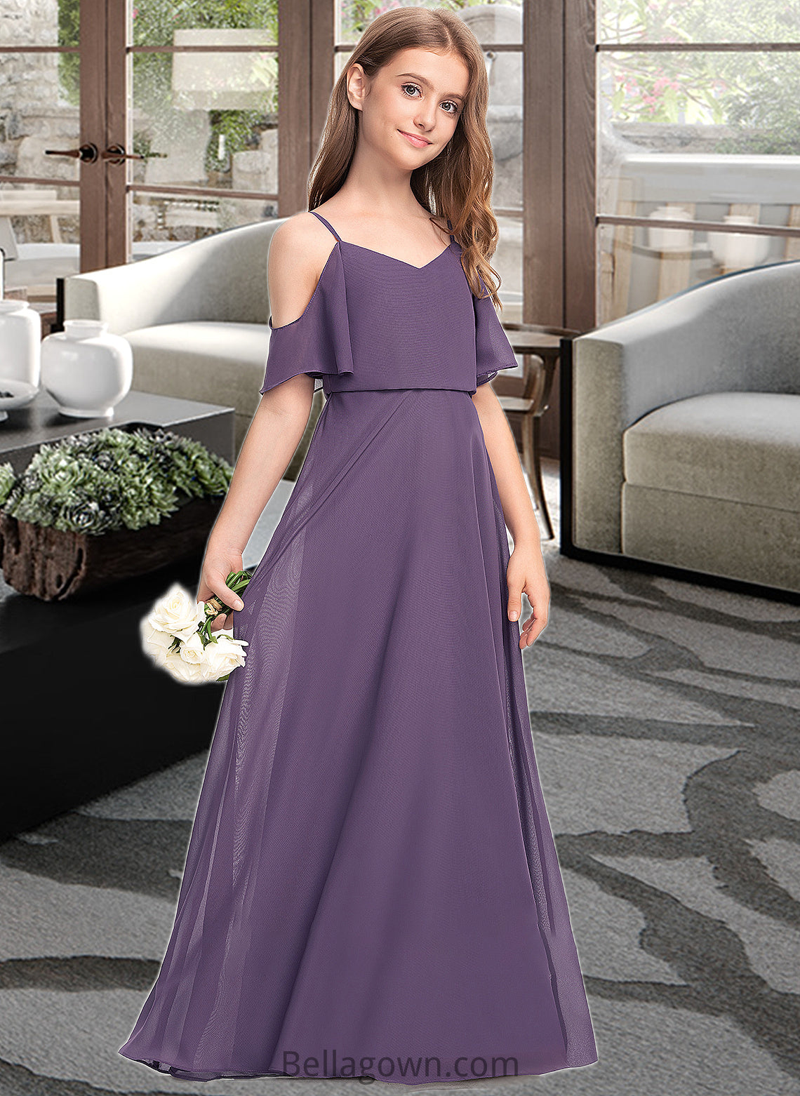 Raquel A-Line V-neck Floor-Length Chiffon Junior Bridesmaid Dress DNP0013390