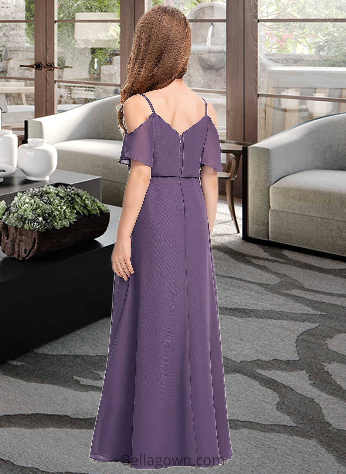 Raquel A-Line V-neck Floor-Length Chiffon Junior Bridesmaid Dress DNP0013390