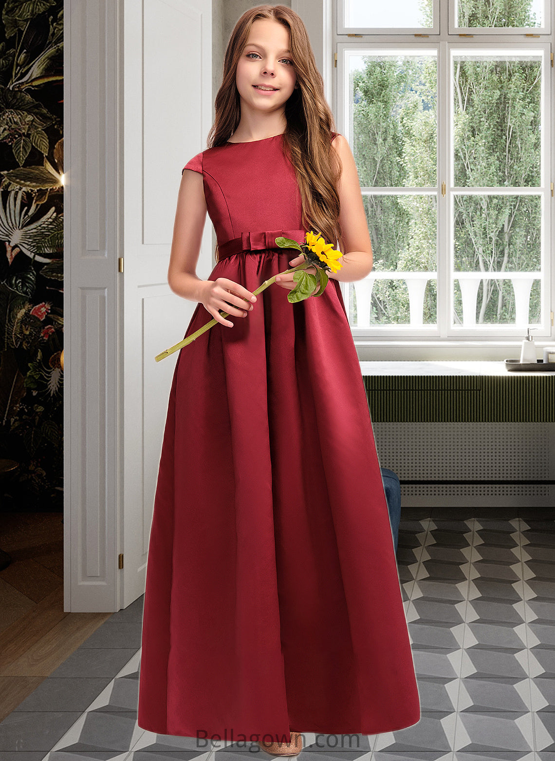 Lorelai A-Line Scoop Neck Floor-Length Satin Junior Bridesmaid Dress With Bow(s) Pockets DNP0013391