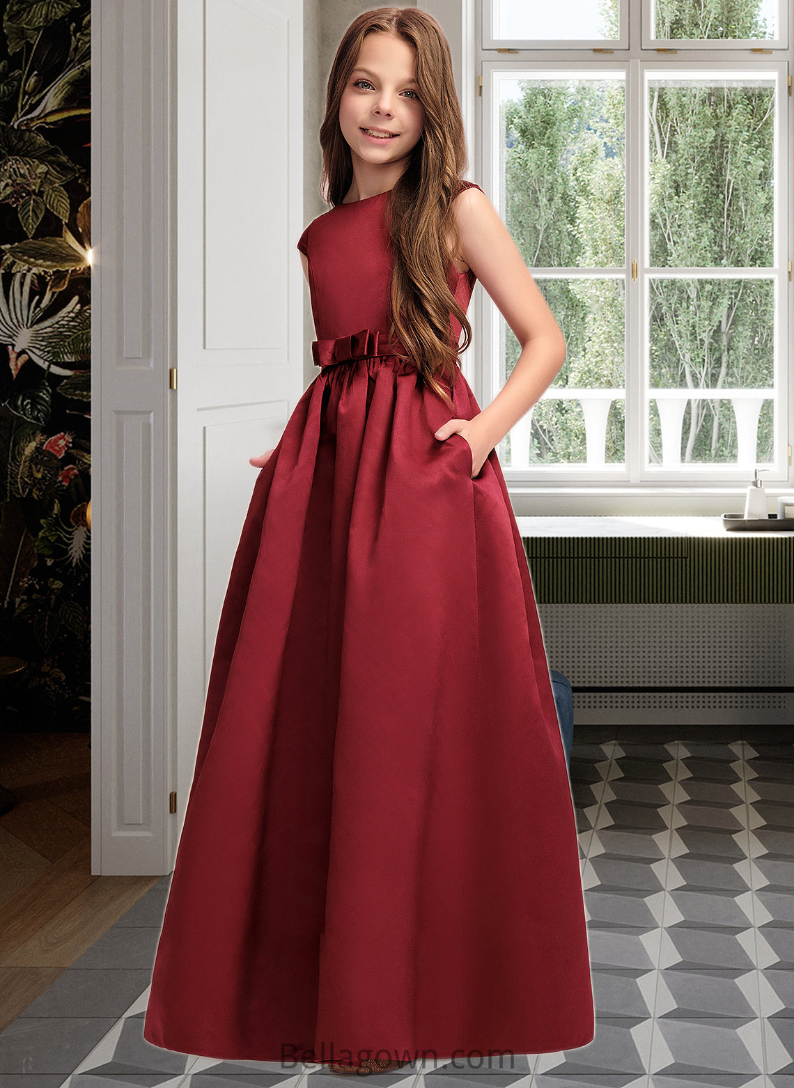 Lorelai A-Line Scoop Neck Floor-Length Satin Junior Bridesmaid Dress With Bow(s) Pockets DNP0013391