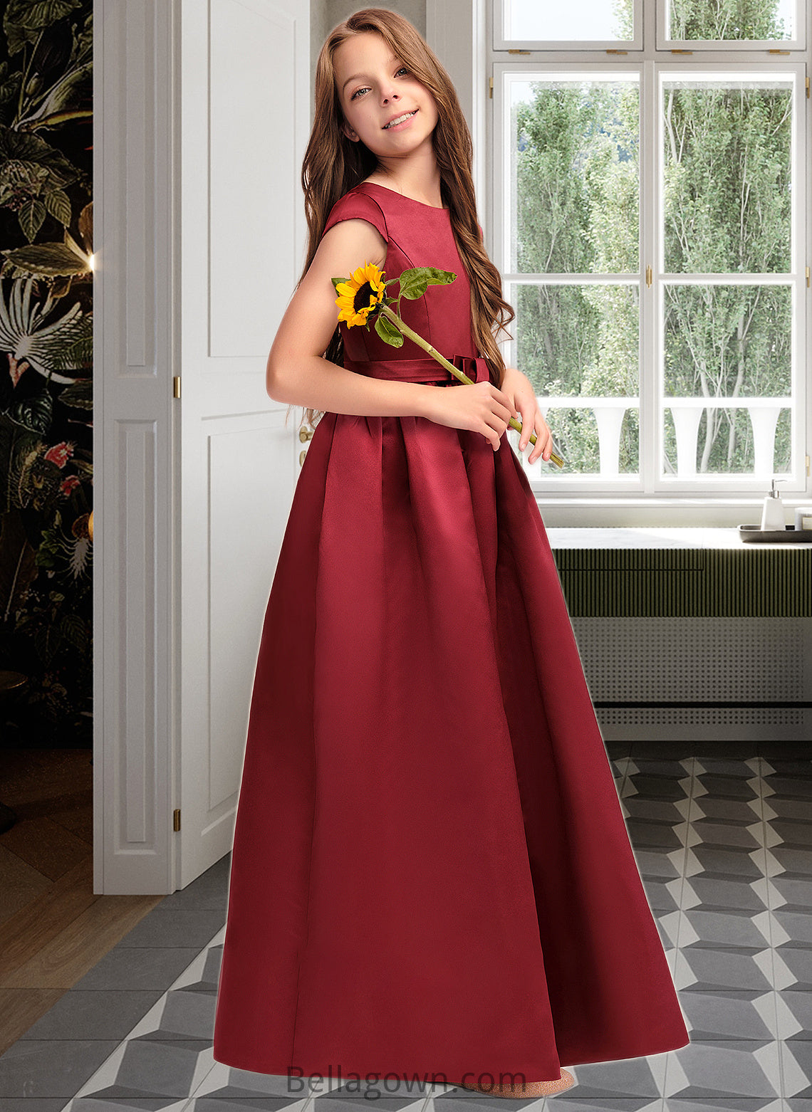 Lorelai A-Line Scoop Neck Floor-Length Satin Junior Bridesmaid Dress With Bow(s) Pockets DNP0013391