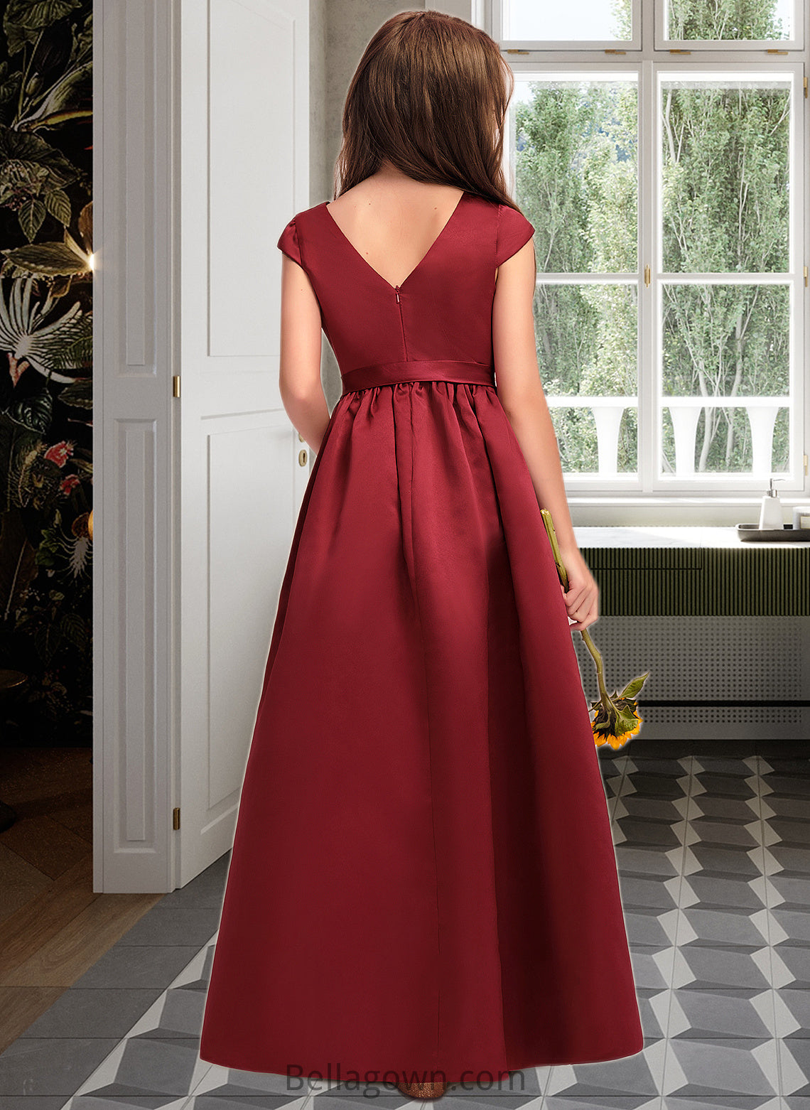 Lorelai A-Line Scoop Neck Floor-Length Satin Junior Bridesmaid Dress With Bow(s) Pockets DNP0013391