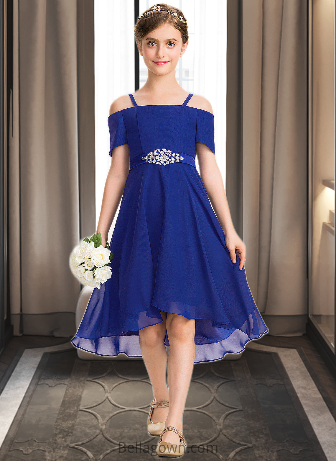 Jaylene A-Line Off-the-Shoulder Asymmetrical Chiffon Junior Bridesmaid Dress With Beading Bow(s) DNP0013392