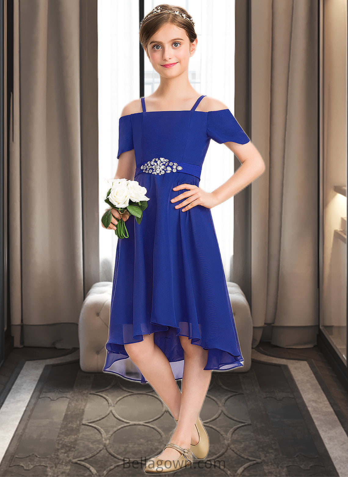 Jaylene A-Line Off-the-Shoulder Asymmetrical Chiffon Junior Bridesmaid Dress With Beading Bow(s) DNP0013392