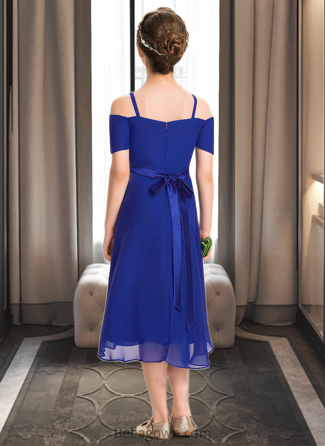 Jaylene A-Line Off-the-Shoulder Asymmetrical Chiffon Junior Bridesmaid Dress With Beading Bow(s) DNP0013392