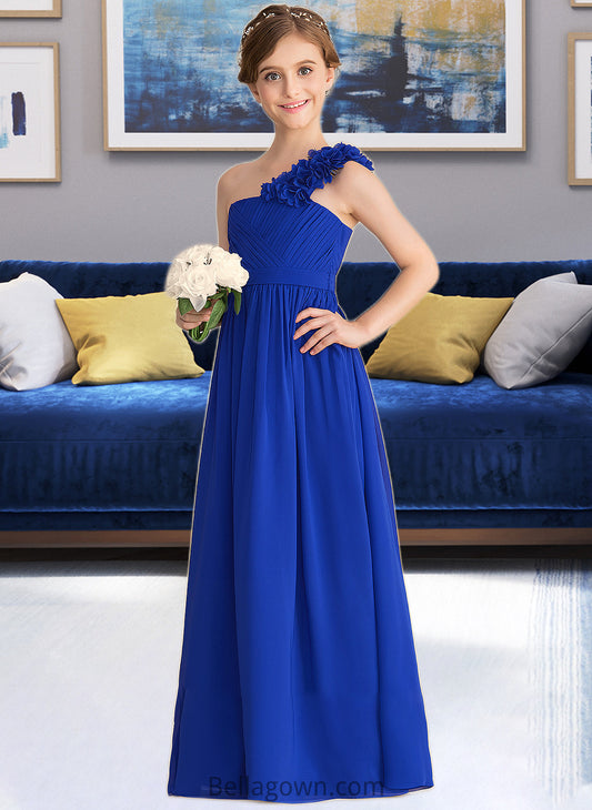 Angeline A-Line One-Shoulder Floor-Length Chiffon Junior Bridesmaid Dress With Ruffle Flower(s) DNP0013393