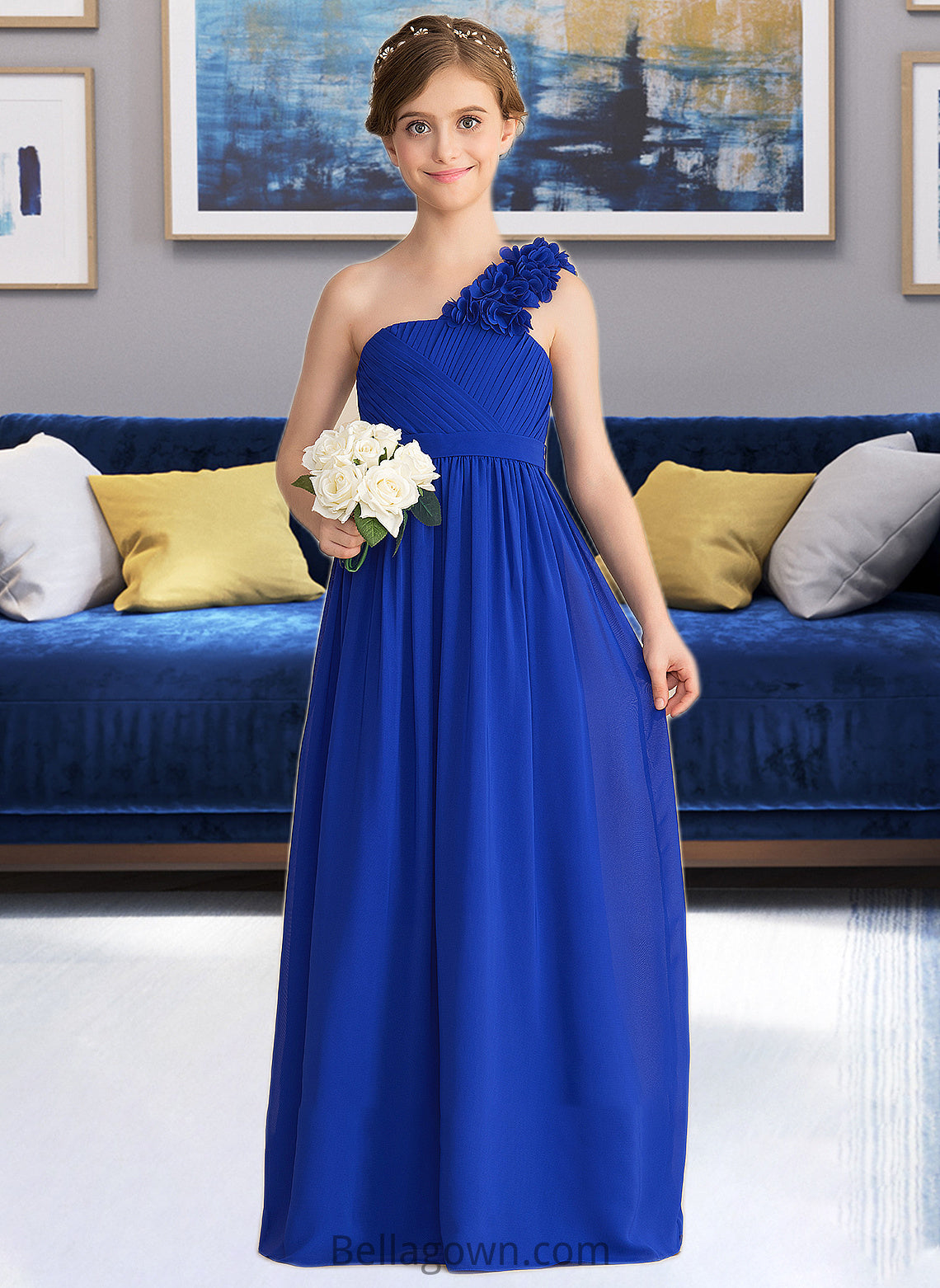 Angeline A-Line One-Shoulder Floor-Length Chiffon Junior Bridesmaid Dress With Ruffle Flower(s) DNP0013393