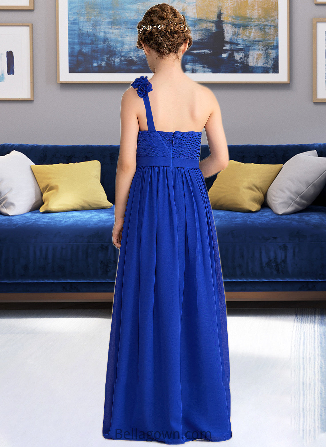 Angeline A-Line One-Shoulder Floor-Length Chiffon Junior Bridesmaid Dress With Ruffle Flower(s) DNP0013393