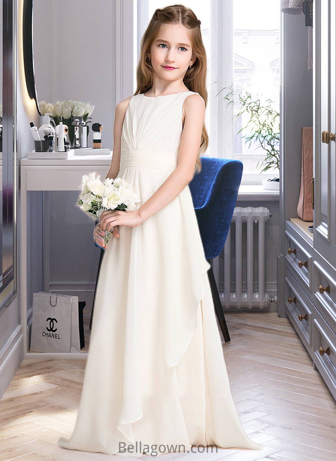 Aubrie A-Line Scoop Neck Floor-Length Chiffon Junior Bridesmaid Dress With Cascading Ruffles DNP0013394