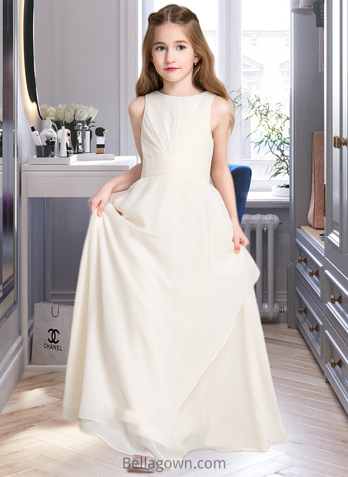 Aubrie A-Line Scoop Neck Floor-Length Chiffon Junior Bridesmaid Dress With Cascading Ruffles DNP0013394