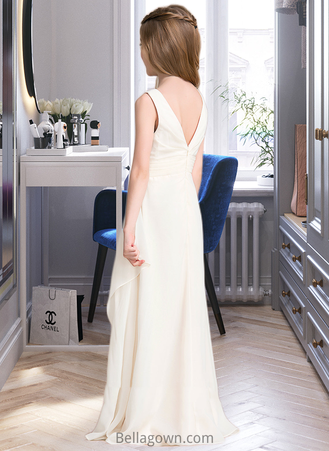 Aubrie A-Line Scoop Neck Floor-Length Chiffon Junior Bridesmaid Dress With Cascading Ruffles DNP0013394