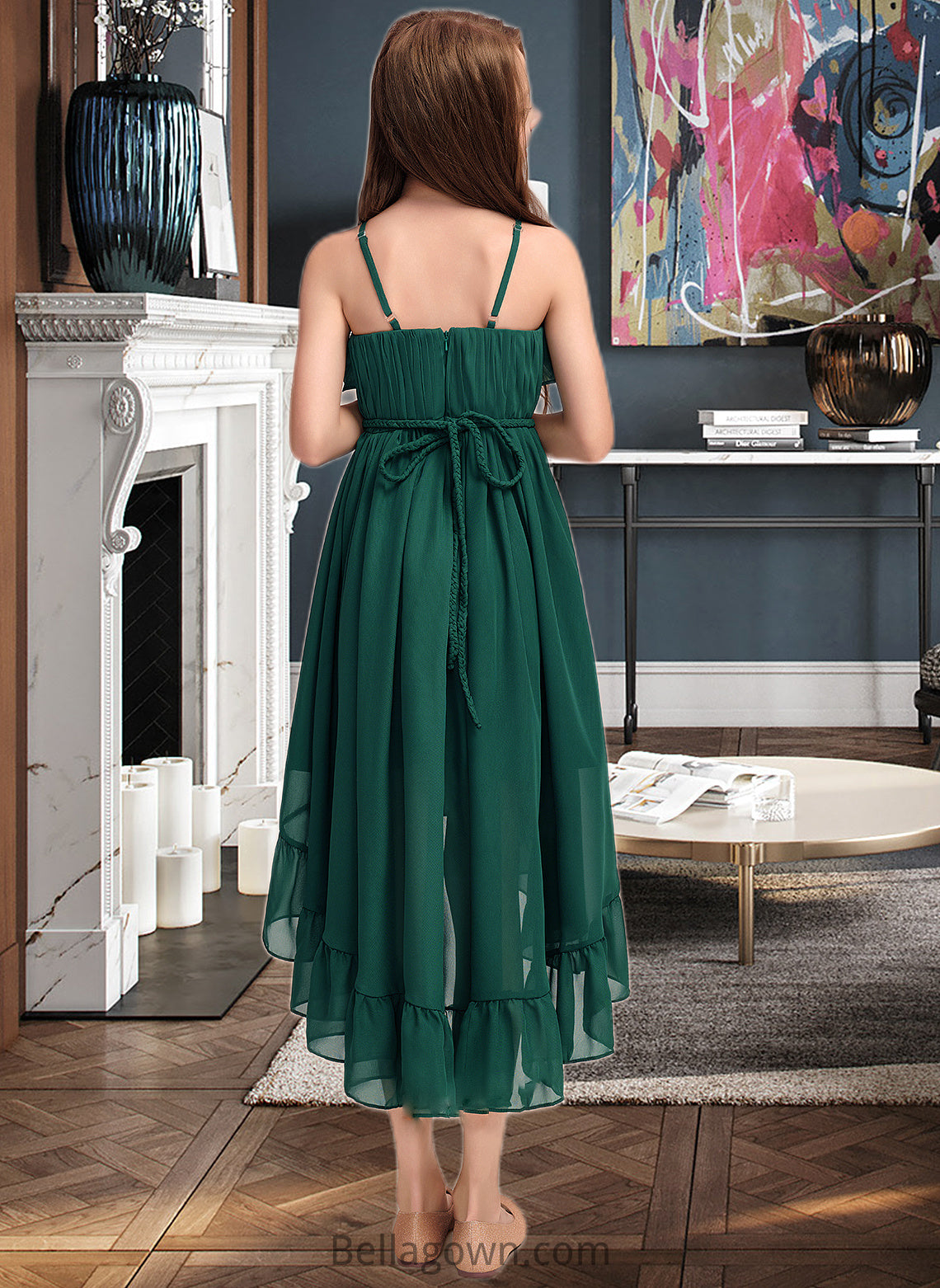 Kenley A-Line Scoop Neck Asymmetrical Chiffon Junior Bridesmaid Dress With Cascading Ruffles DNP0013395