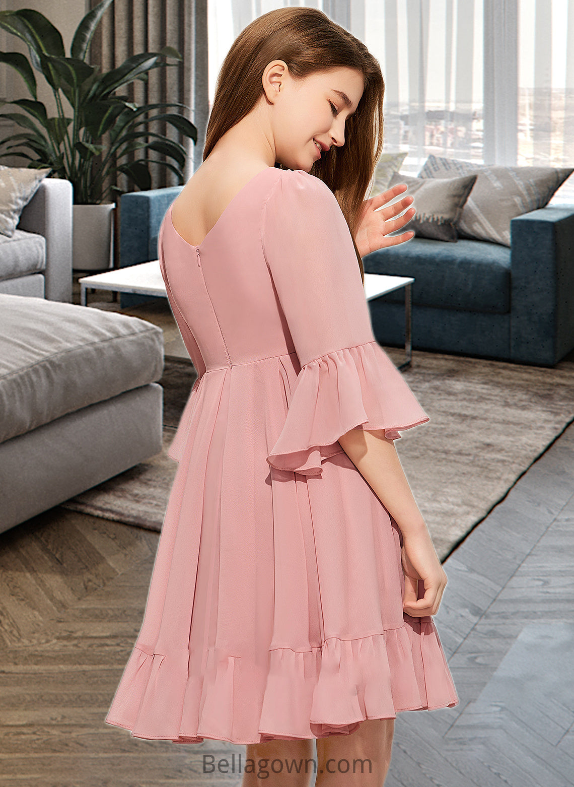 Leticia A-Line V-neck Knee-Length Chiffon Junior Bridesmaid Dress With Cascading Ruffles DNP0013396