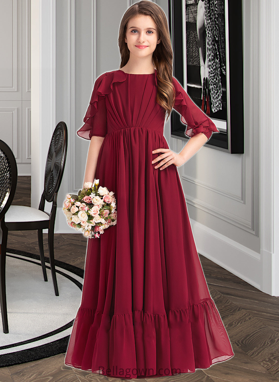 Molly A-Line Scoop Neck Floor-Length Chiffon Junior Bridesmaid Dress With Cascading Ruffles DNP0013398