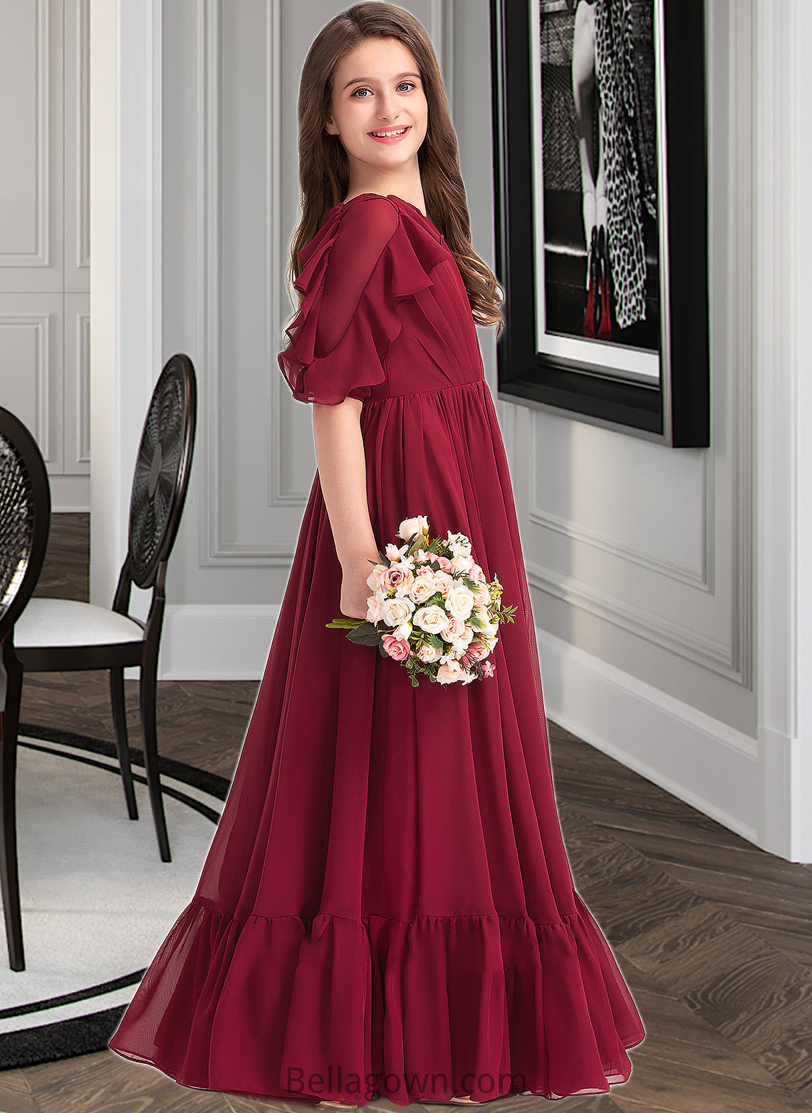 Molly A-Line Scoop Neck Floor-Length Chiffon Junior Bridesmaid Dress With Cascading Ruffles DNP0013398