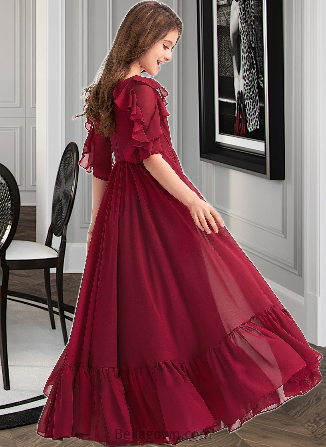 Molly A-Line Scoop Neck Floor-Length Chiffon Junior Bridesmaid Dress With Cascading Ruffles DNP0013398