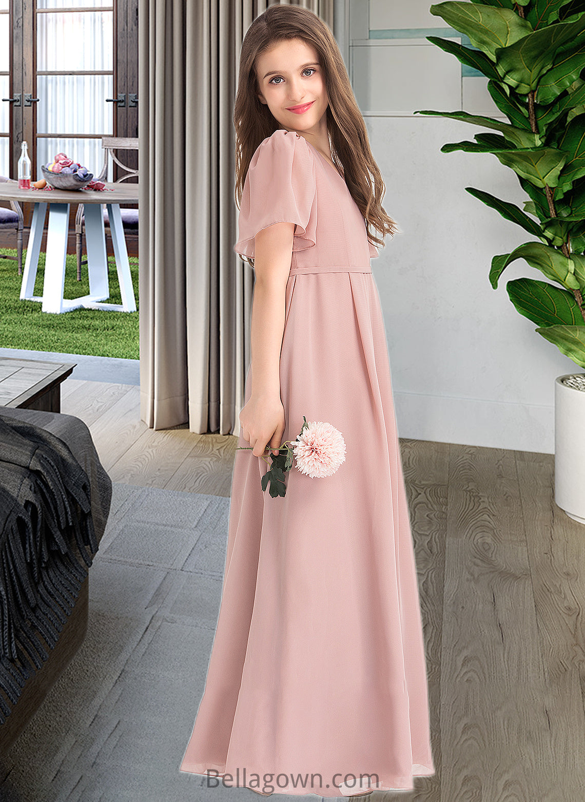 Isabelle A-Line V-neck Floor-Length Chiffon Junior Bridesmaid Dress With Bow(s) DNP0013399