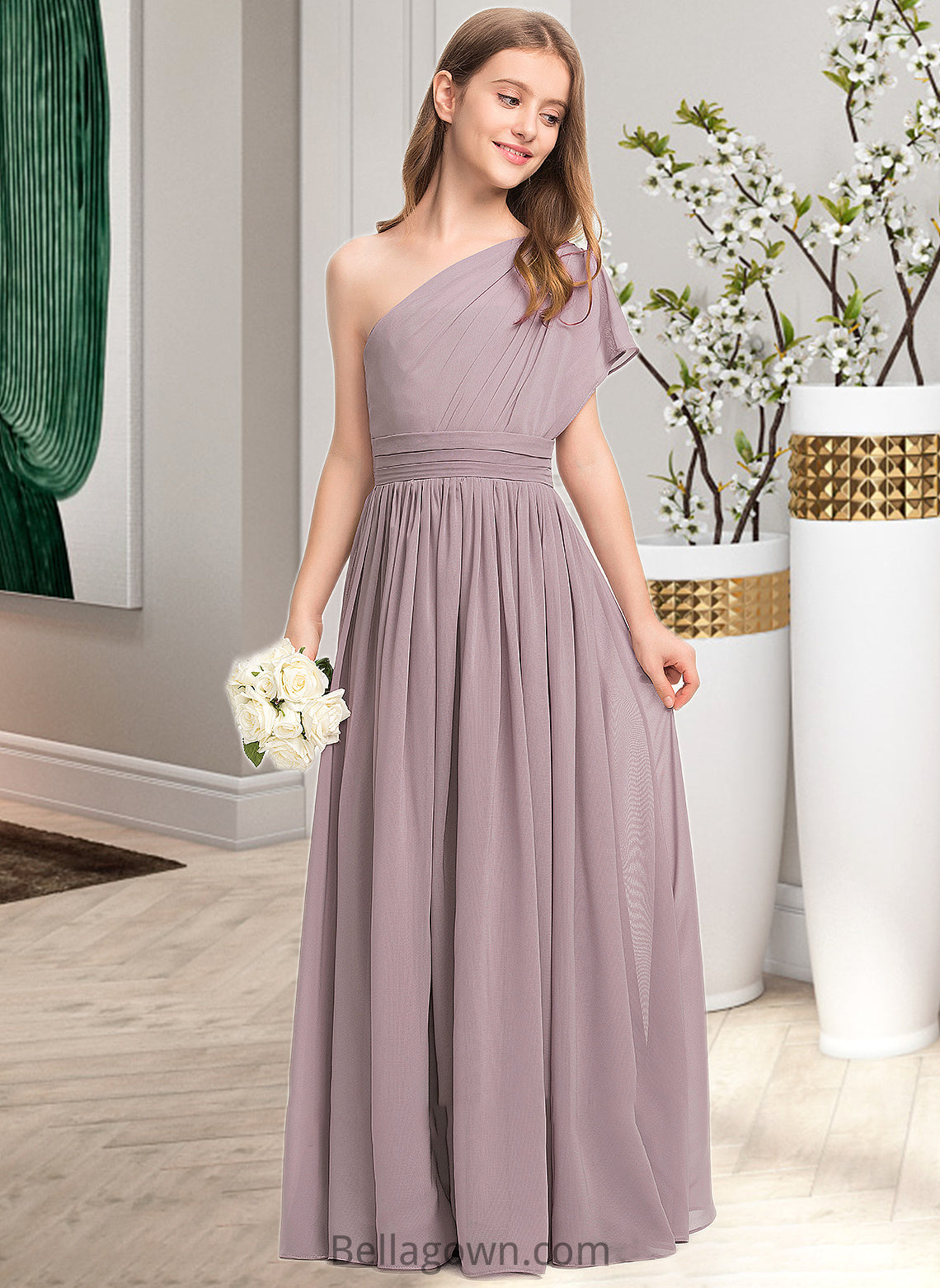 Leia A-Line One-Shoulder Floor-Length Chiffon Junior Bridesmaid Dress With Ruffle DNP0013400