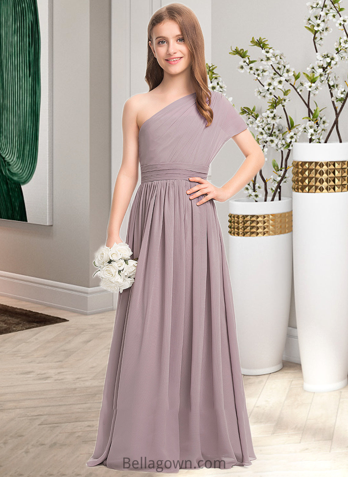 Leia A-Line One-Shoulder Floor-Length Chiffon Junior Bridesmaid Dress With Ruffle DNP0013400