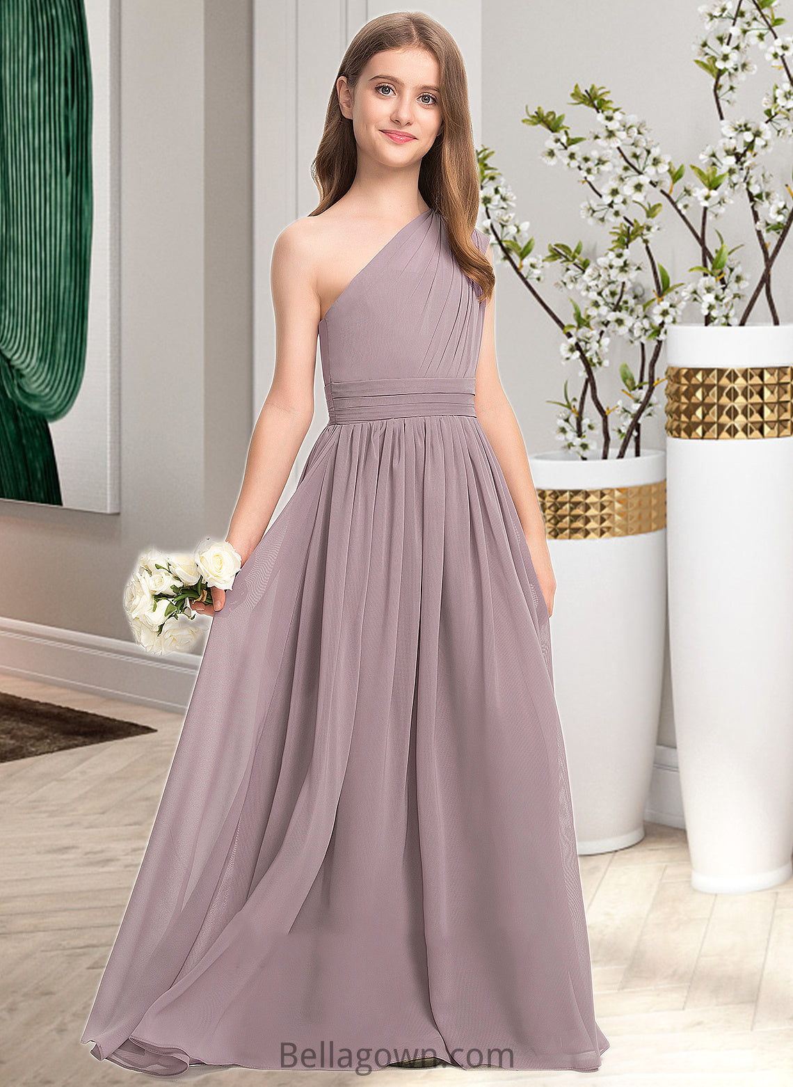 Leia A-Line One-Shoulder Floor-Length Chiffon Junior Bridesmaid Dress With Ruffle DNP0013400