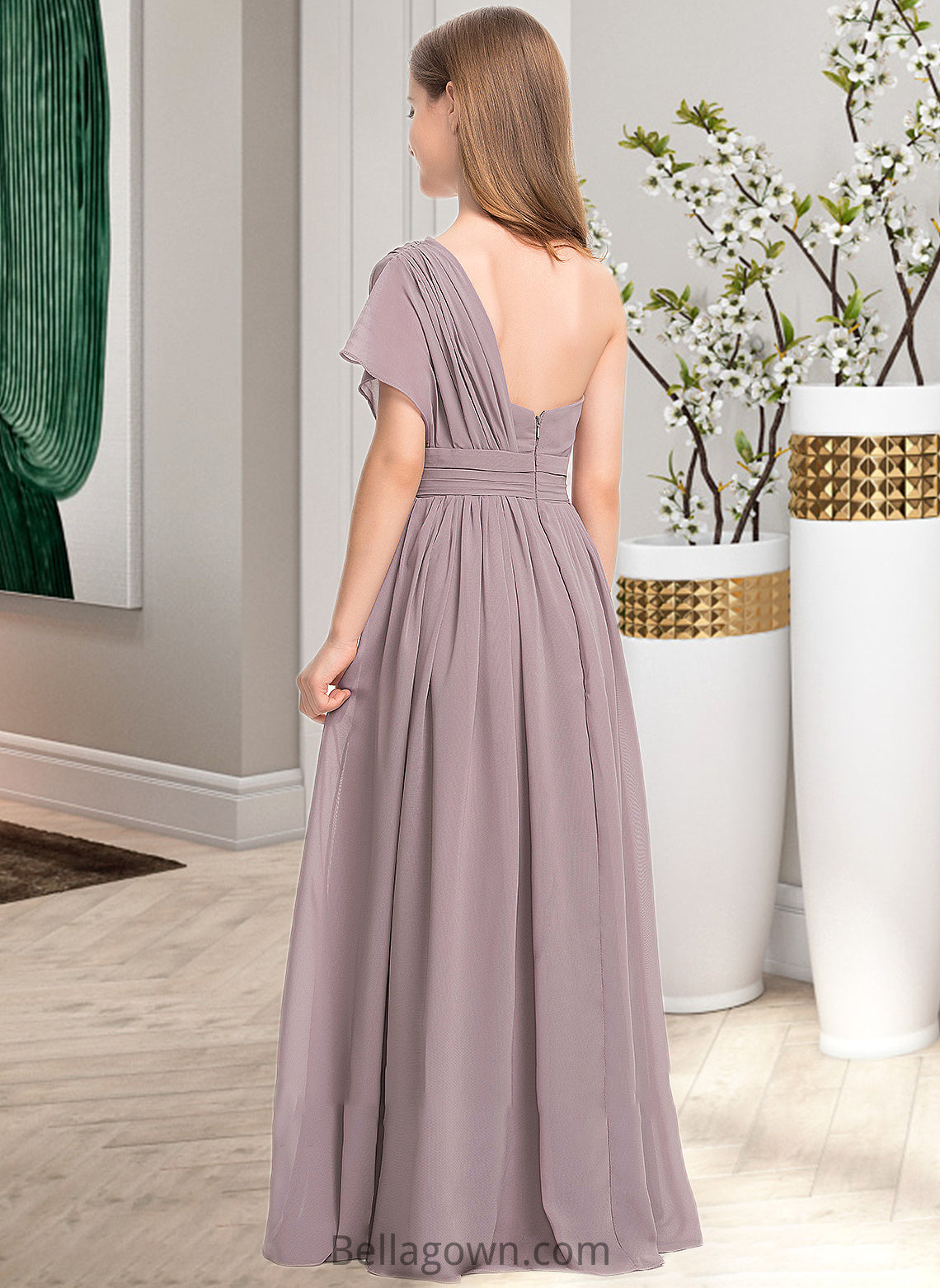 Leia A-Line One-Shoulder Floor-Length Chiffon Junior Bridesmaid Dress With Ruffle DNP0013400