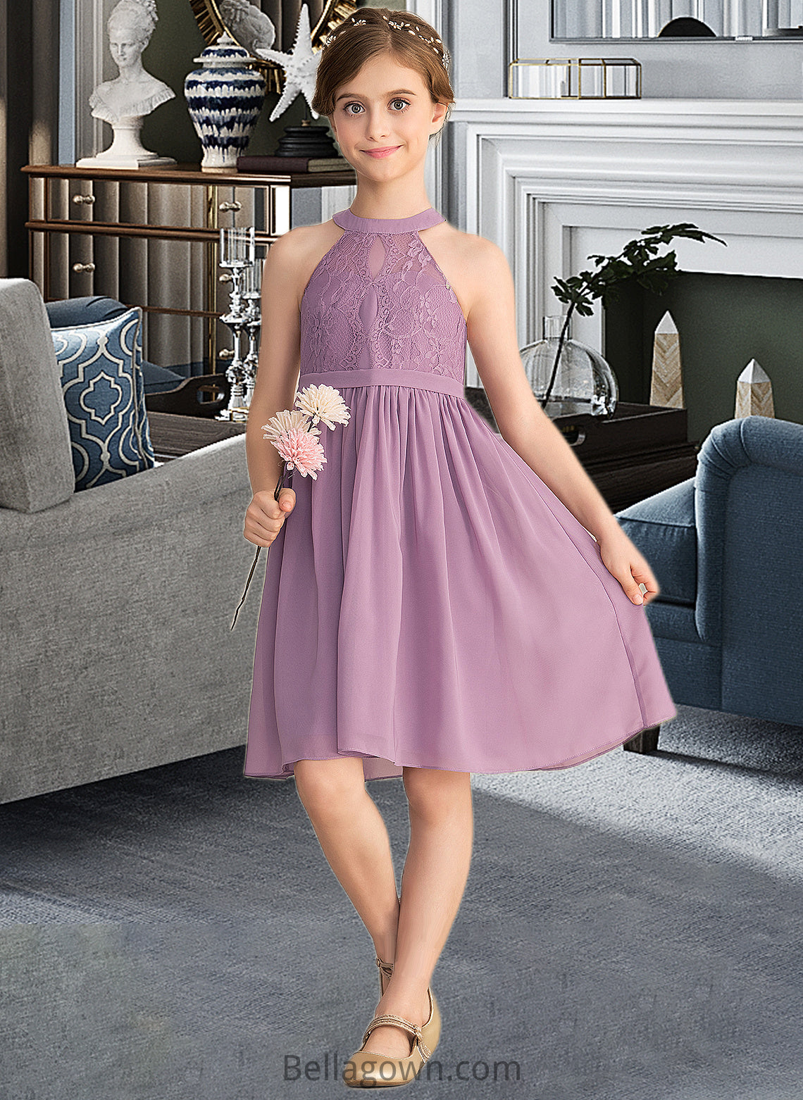 Natalya A-Line Scoop Neck Knee-Length Chiffon Lace Junior Bridesmaid Dress DNP0013401