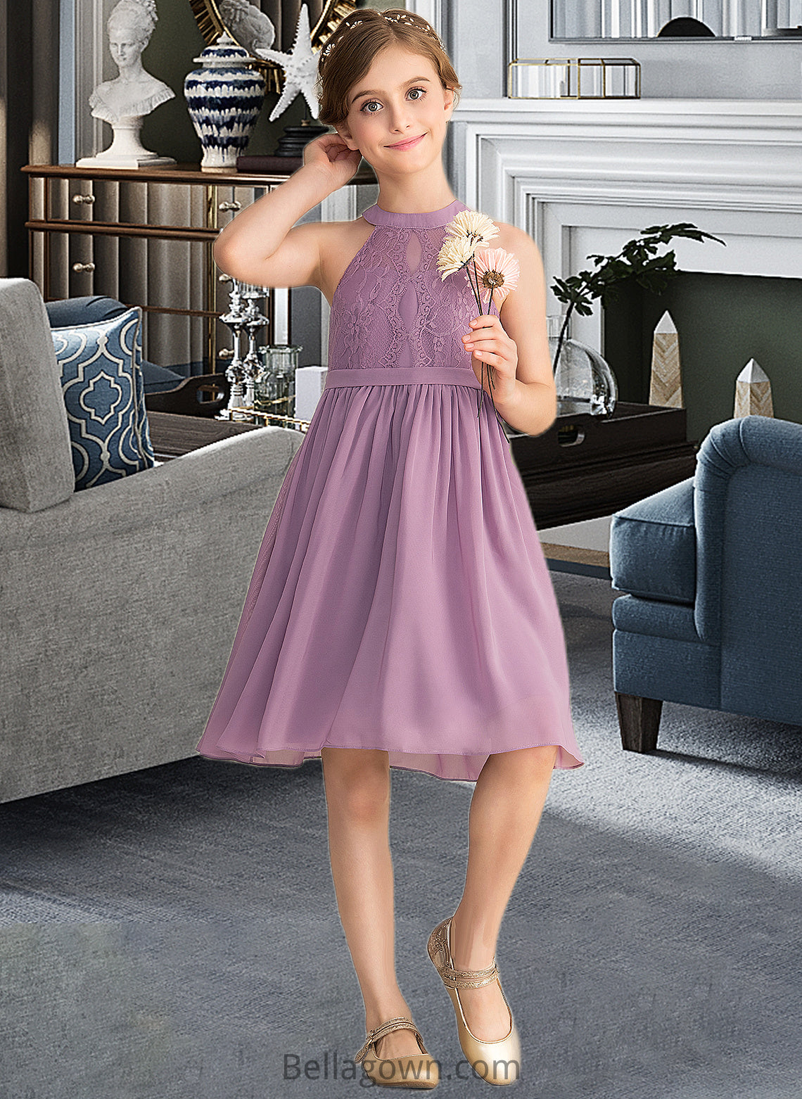 Natalya A-Line Scoop Neck Knee-Length Chiffon Lace Junior Bridesmaid Dress DNP0013401