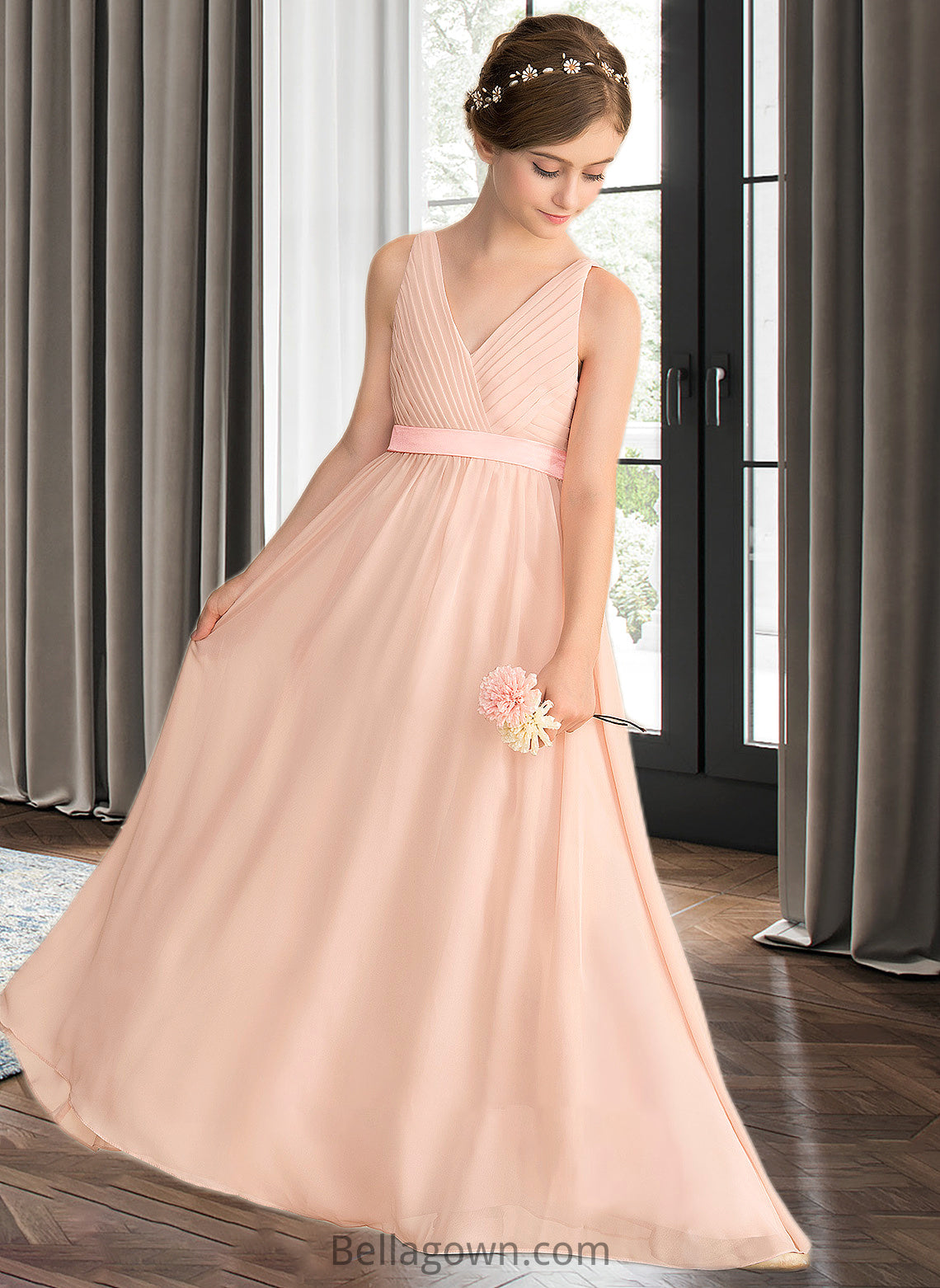 Kaley A-Line V-neck Floor-Length Chiffon Junior Bridesmaid Dress With Ruffle Bow(s) DNP0013402