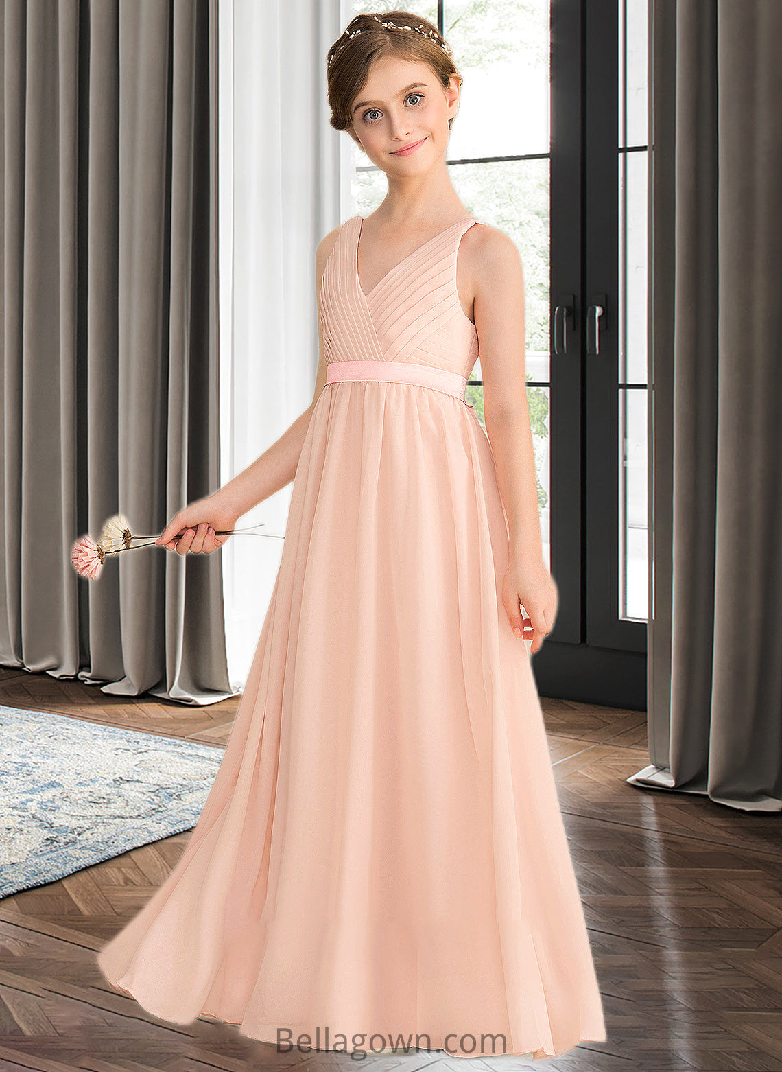 Kaley A-Line V-neck Floor-Length Chiffon Junior Bridesmaid Dress With Ruffle Bow(s) DNP0013402