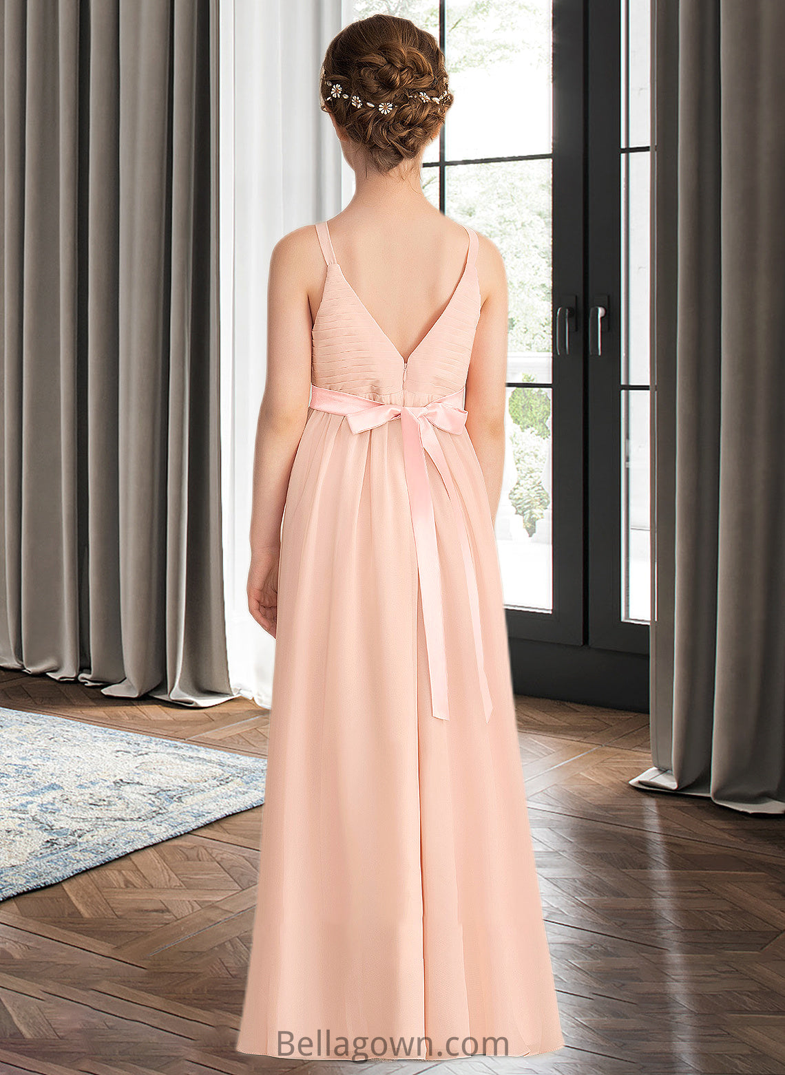 Kaley A-Line V-neck Floor-Length Chiffon Junior Bridesmaid Dress With Ruffle Bow(s) DNP0013402