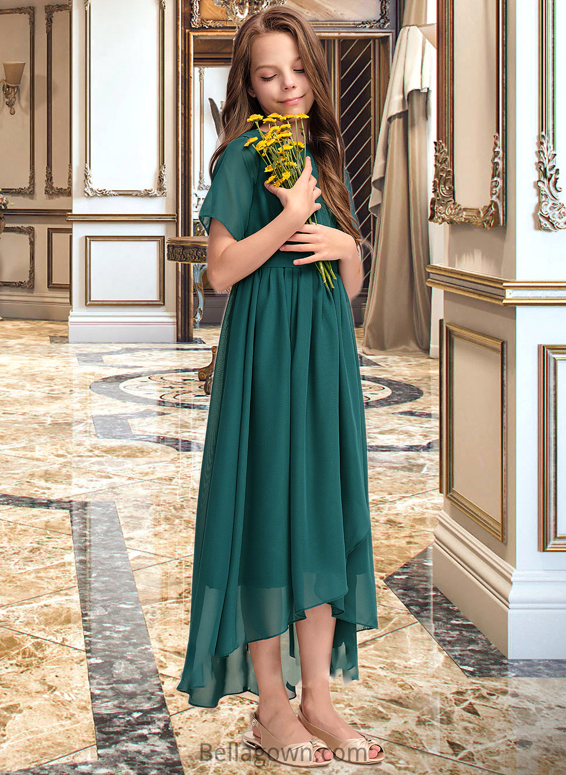 Yesenia A-Line Scoop Neck Asymmetrical Chiffon Junior Bridesmaid Dress With Ruffle Bow(s) DNP0013403