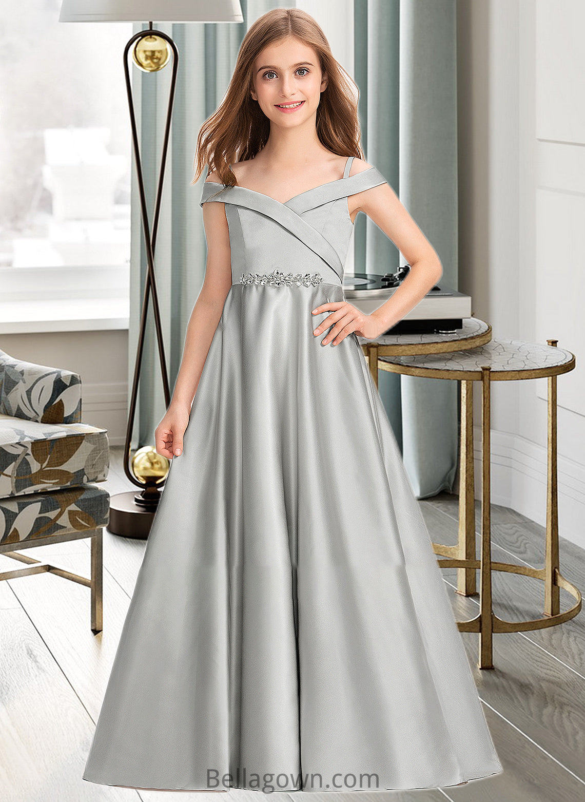 Chelsea Ball-Gown/Princess Off-the-Shoulder Floor-Length Satin Junior Bridesmaid Dress DNP0013404