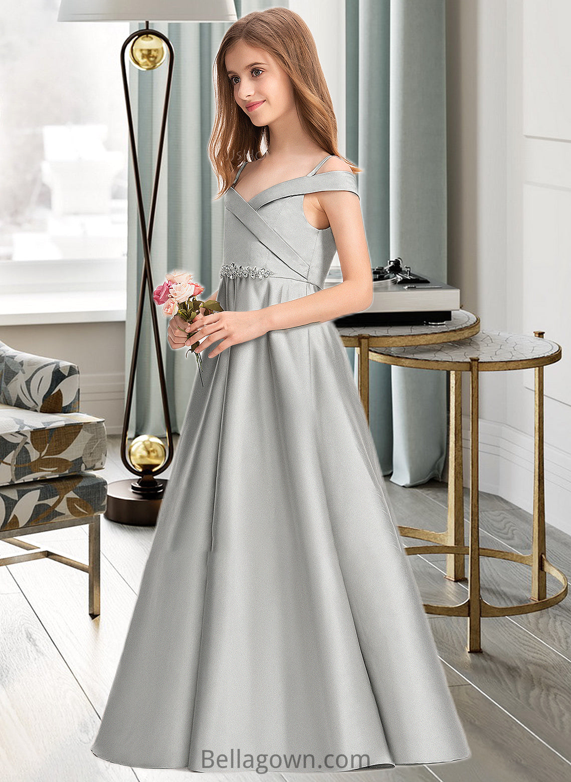 Chelsea Ball-Gown/Princess Off-the-Shoulder Floor-Length Satin Junior Bridesmaid Dress DNP0013404