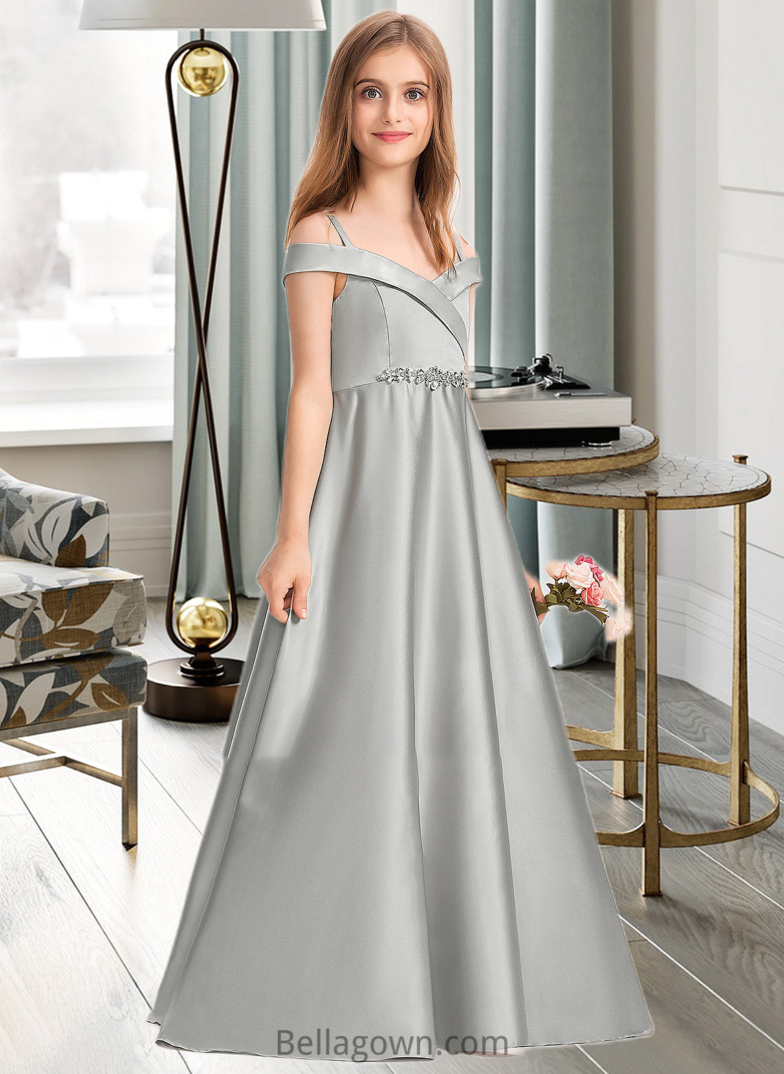 Chelsea Ball-Gown/Princess Off-the-Shoulder Floor-Length Satin Junior Bridesmaid Dress DNP0013404