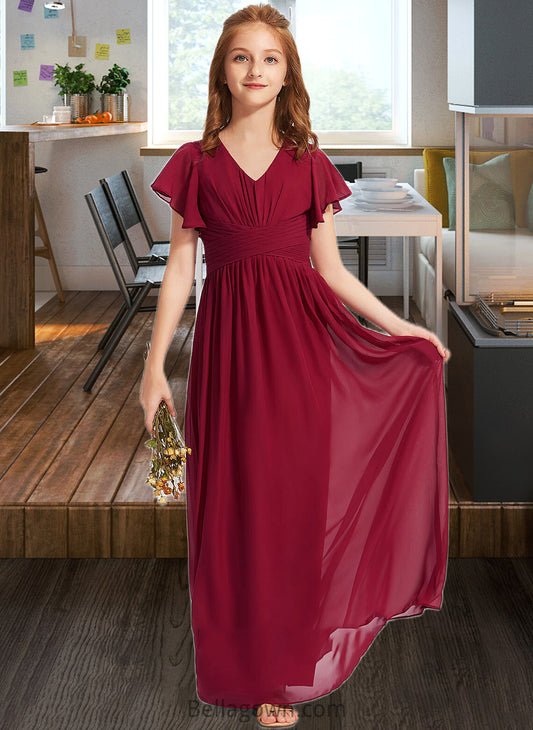 Brynlee A-Line V-neck Floor-Length Chiffon Junior Bridesmaid Dress With Ruffle DNP0013405