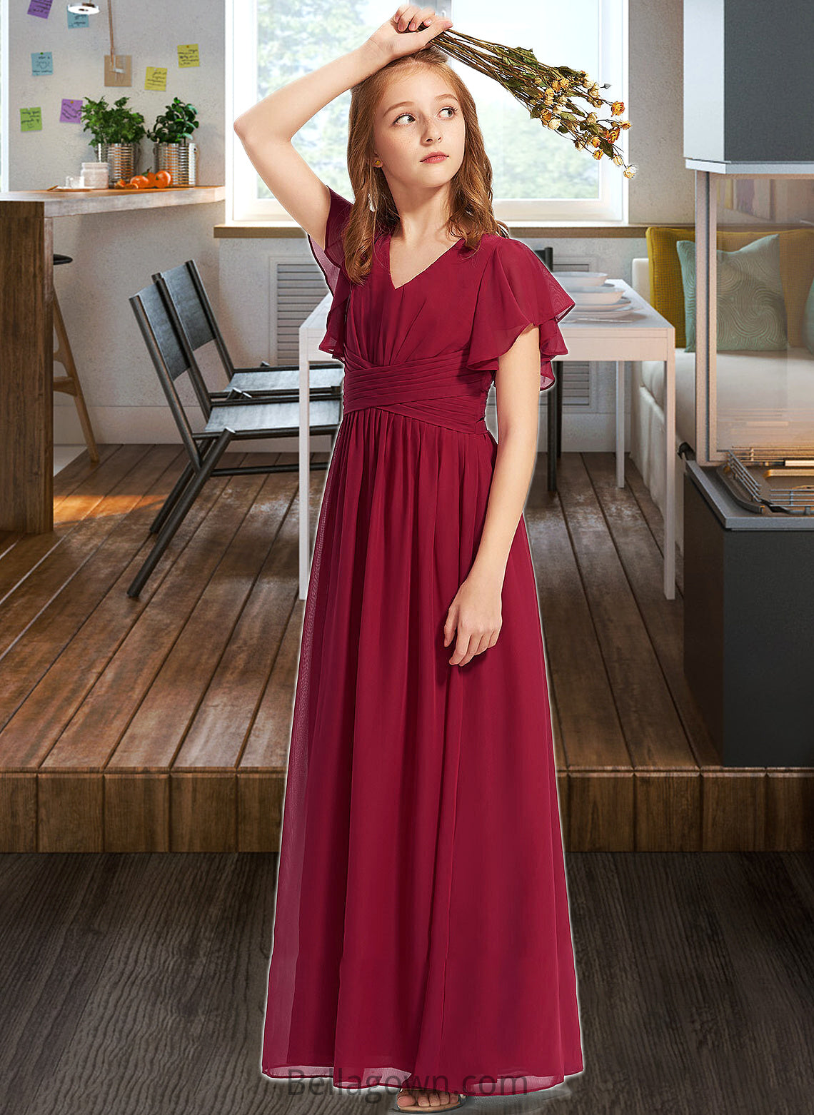 Brynlee A-Line V-neck Floor-Length Chiffon Junior Bridesmaid Dress With Ruffle DNP0013405