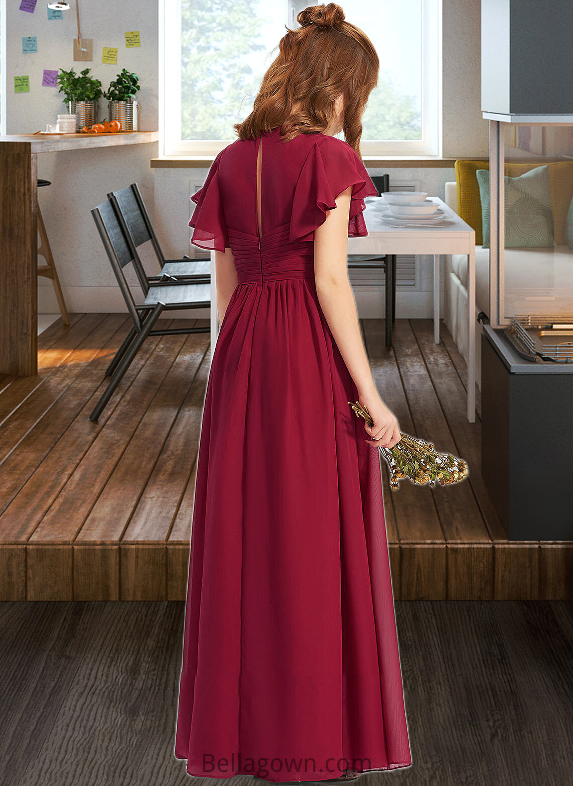 Brynlee A-Line V-neck Floor-Length Chiffon Junior Bridesmaid Dress With Ruffle DNP0013405