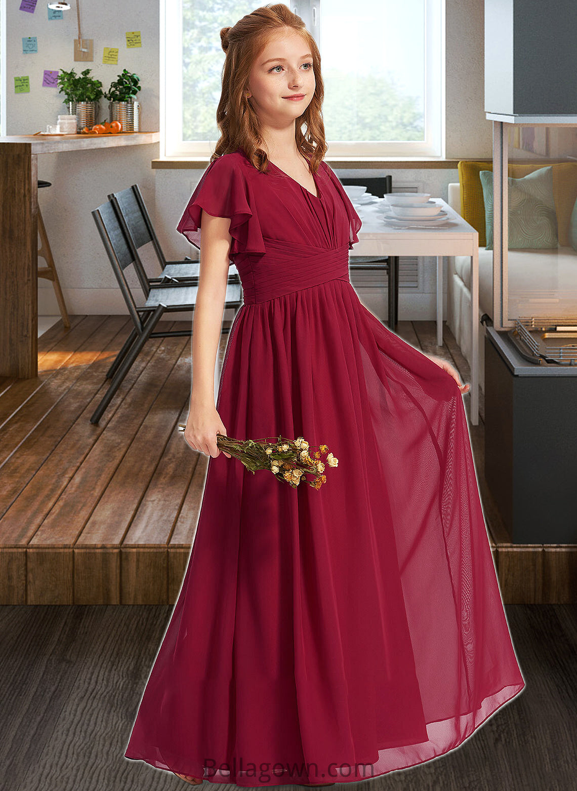 Brynlee A-Line V-neck Floor-Length Chiffon Junior Bridesmaid Dress With Ruffle DNP0013405